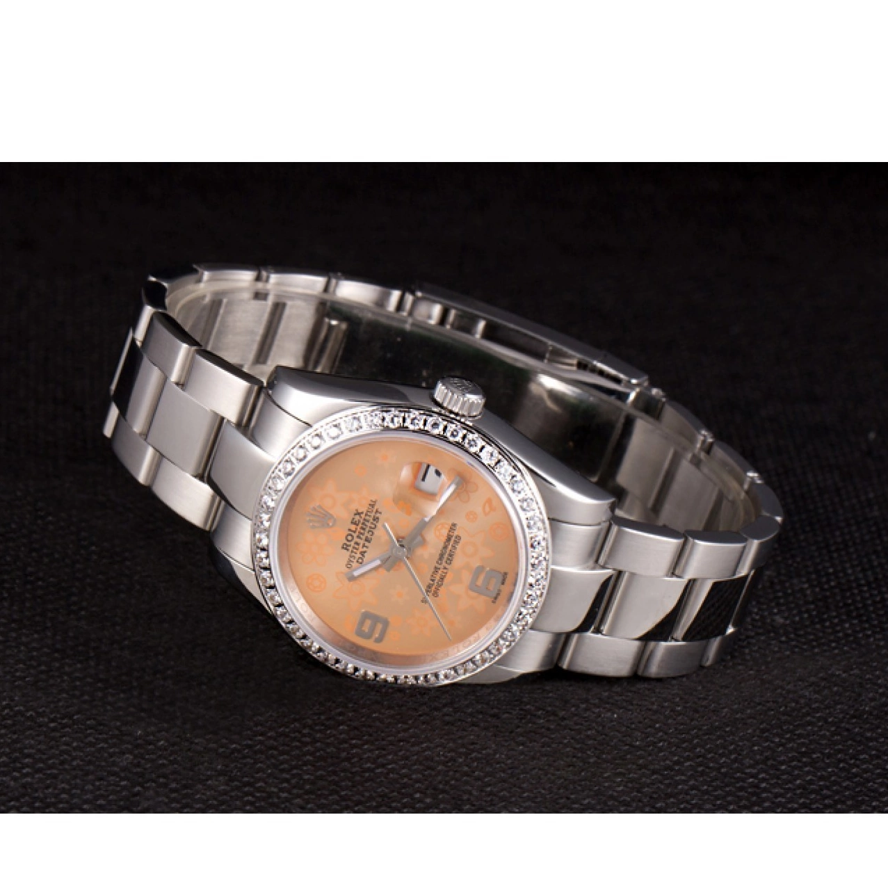 Aaa replica watch Steel Datejust Stainless Plated Orange Rolex Flowers Dial Diamond Polished 0702